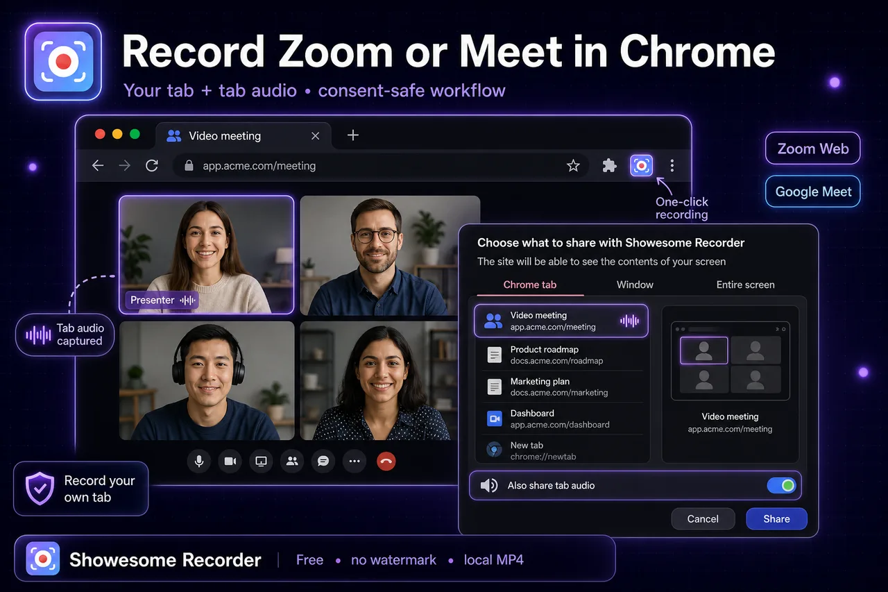 How to record Zoom or Google Meet in Chrome (your own tab + audio)