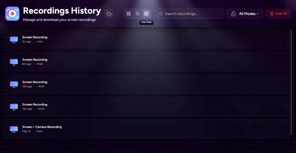 List View — rows with title, age, and duration