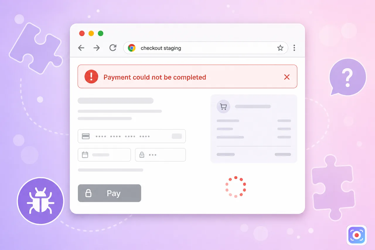 Walk through reproduction steps and end on the error state — payment spinner stuck