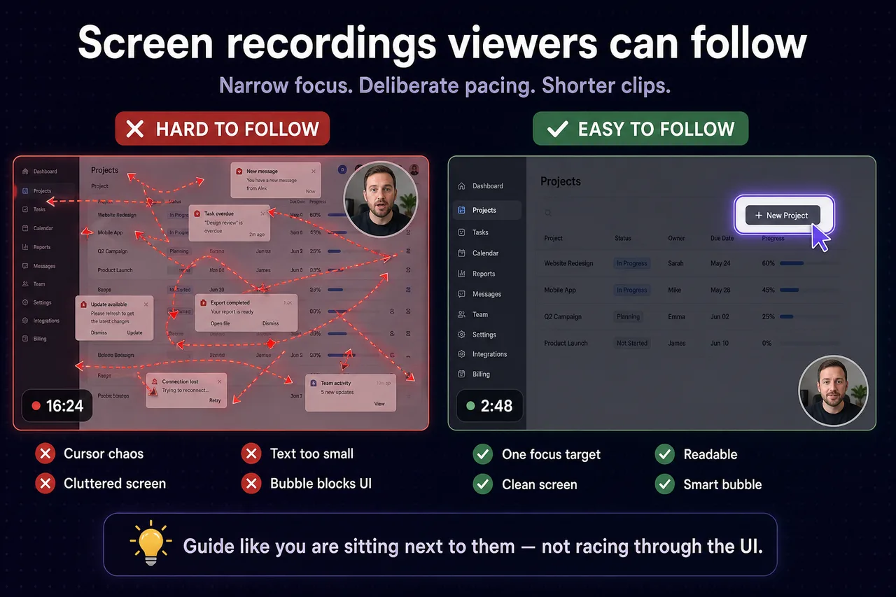 Common mistakes that make screen recordings hard to follow