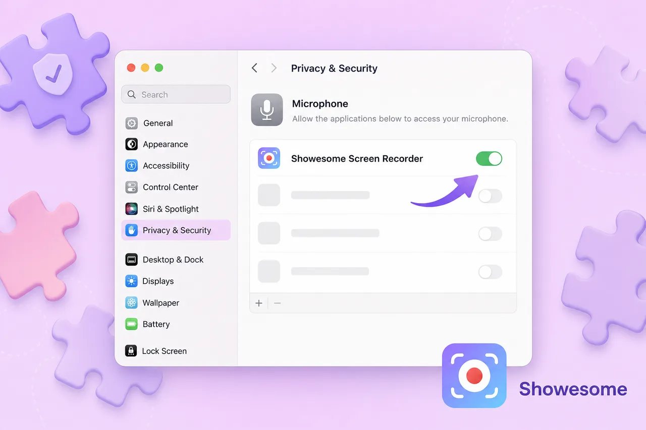 On macOS, allow Google Chrome under Privacy & Security → Microphone so Showesome can capture your voice