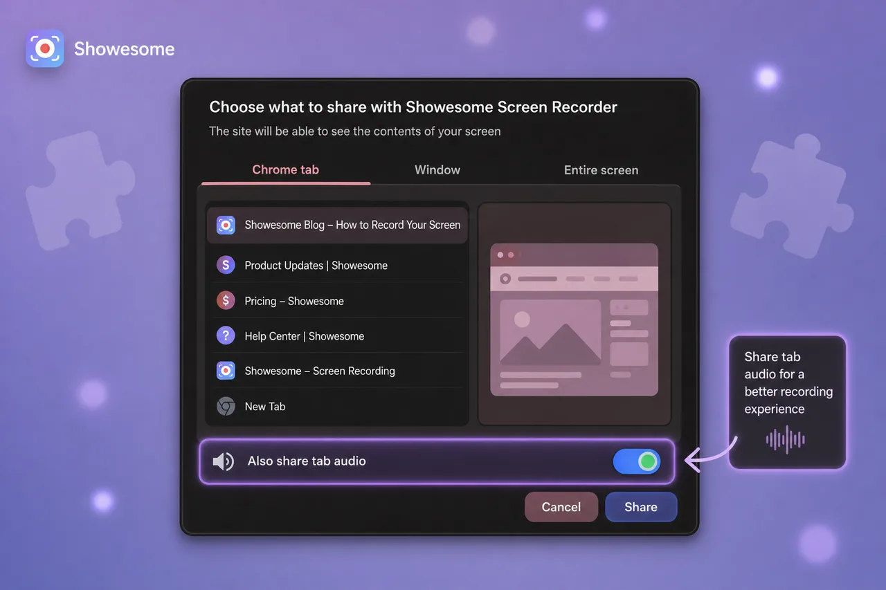 In Chrome’s share dialog, enable Also share tab audio when recording a tab that plays sound