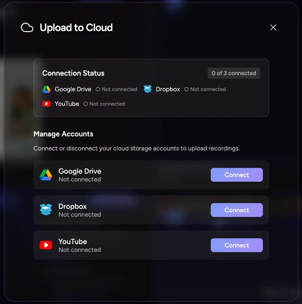 Upload to Cloud in Showesome, with Connect on Google Drive, Dropbox, and YouTube