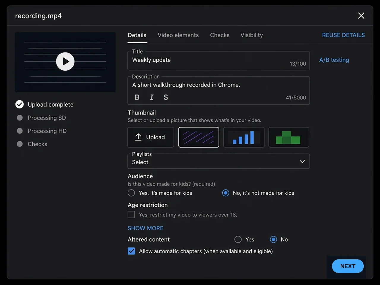 YouTube’s current upload screen in dark theme, with title, thumbnail, audience, age restriction, altered content, and automatic chapters