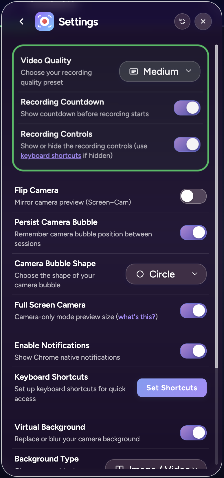 Recording Controls toggle