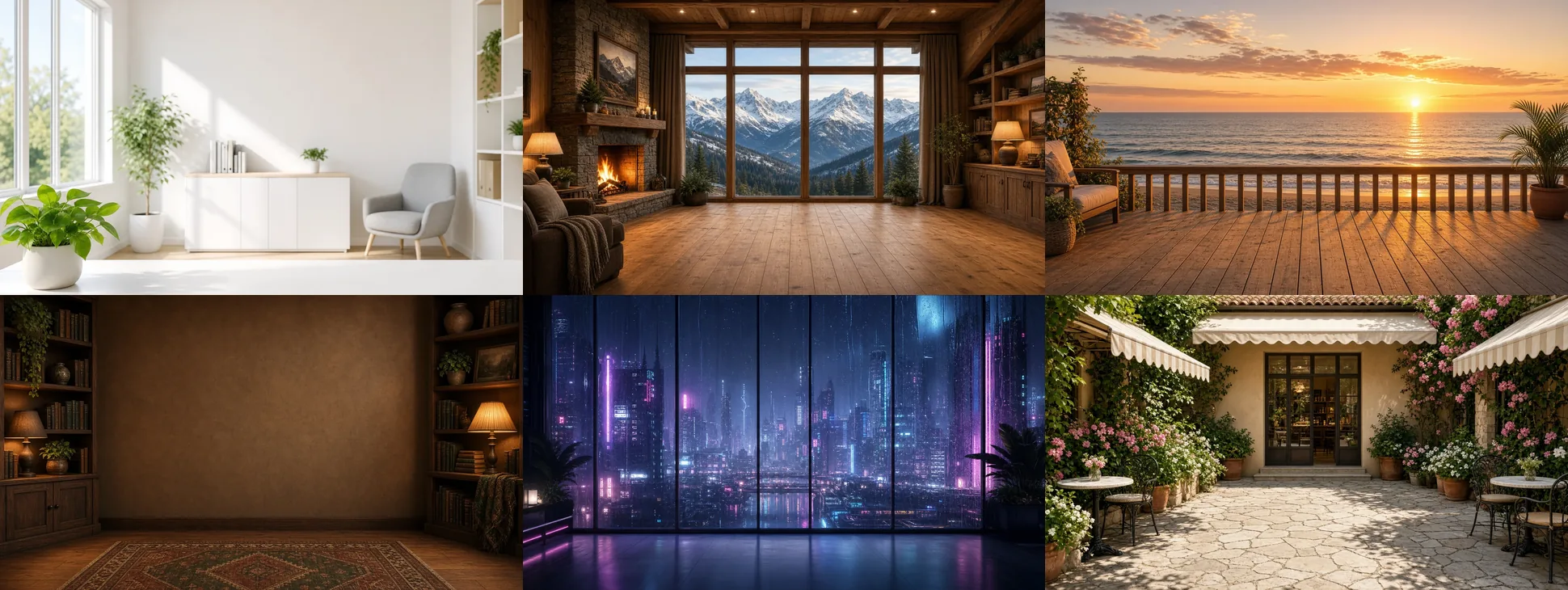 Sample of the premium pack: a bright office, a mountain room, a beach at sunset, a cozy study, a neon city, and a cafe terrace.