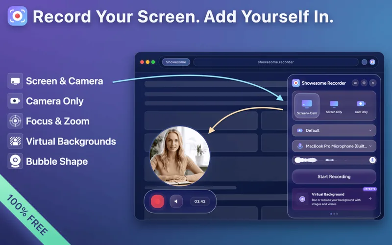 Screen + Camera recording with a virtual background applied in the draggable camera bubble